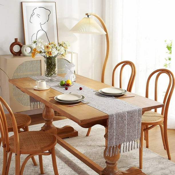Camino de mesa de yute de estilo rústico marrón con bordes blancos con  flecos, decoración de mesa para fiestas, bodas, vacaciones, cocina,  comedor
