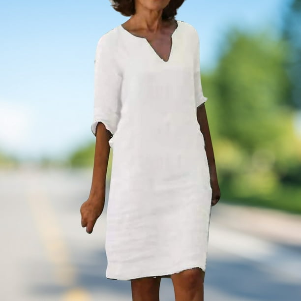  LEIGE - Vestido elegante de vacaciones de verano para mujer,  con cuello en V, sin mangas, plisado, vintage, ropa de baile de graduación  (color blanco, talla: L código) : Ropa, Zapatos