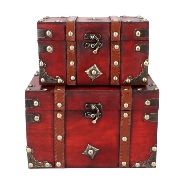 SLPR Caja de almacenamiento decorativa de color madera roja: Cofre del  tesoro de madera estilo pirata, caja de almacenamiento de fotos retro