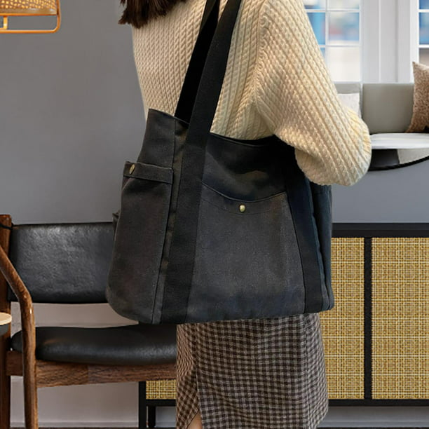 The Tote Bag - Bolso de lona negra para mujer con cremallera y correa de  hombro ajustable para el trabajo y la escuela, 12.6 x 5.9 x 10 pulgadas