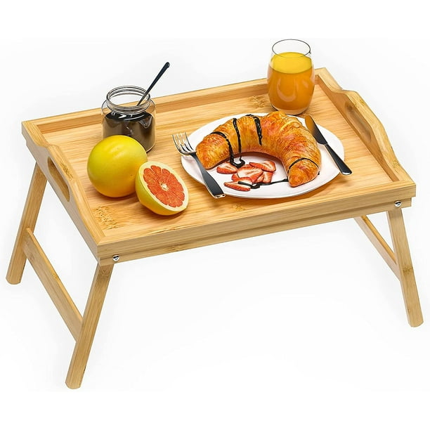 Bandeja de desayuno para cama, mesa para servir comida en el regazo, TV,  cena para comer con patas plegables y asas de bambú