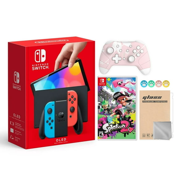 2021 new nintendo switch oled model neon red  blue joy con 64gb console hd screen  lanport dock with splatoon 2 and mytrix wireless switch pro controller and accessories nintendo hegskabaa