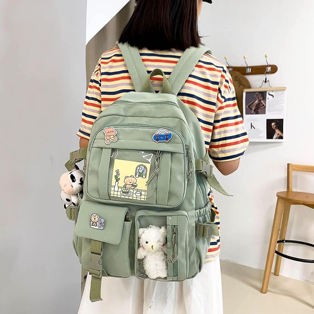 Kawaii - Mochila escolar de 4 piezas con colgante de oso de regalo