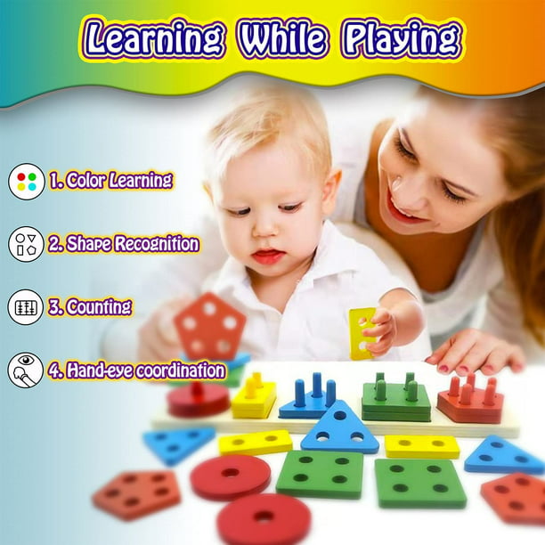 Juguetes para niños pequeños de 1 2 3 4 años, juguetes de madera para  clasificar y apilar (3 en 1 Multi_Play) para niños pequeños en edad  preescolar, juguete clasificador de formas de