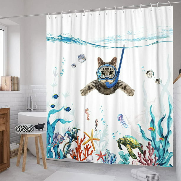 72 x 72 pulgadas, juego de cortinas de ducha de tela impermeable de mar  verde azulado con animal pulpo, estrella de mar, tortuga, ancla, pez,  decoración náutica para cortina de baño