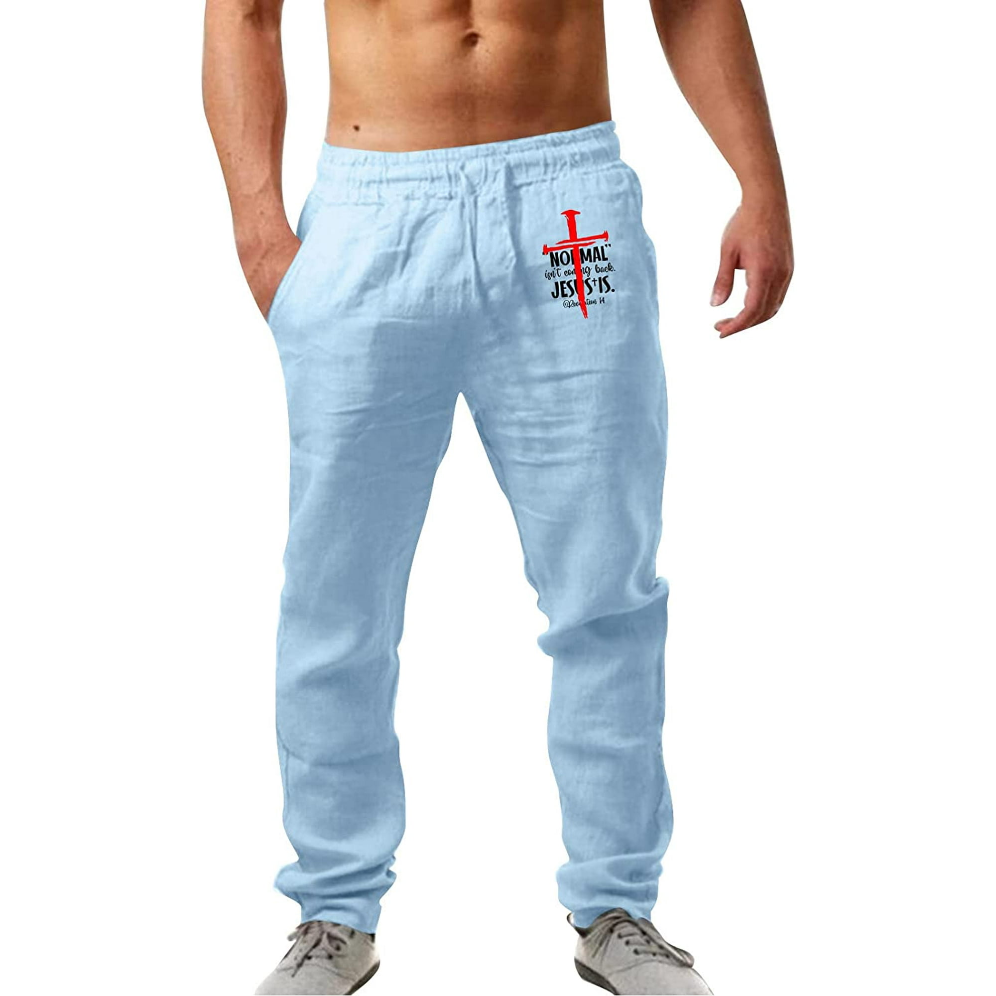 Pantalones casuales de lino para hombre con cintura elástica con cordón  para playa, yoga, pantalones de verano, ligeros y holgados hippie