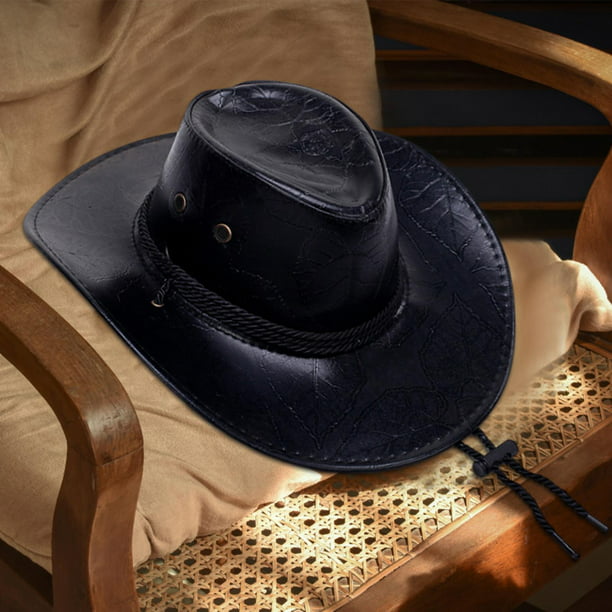 Sombrero de vaquero occidental, sombreros de Jazz, sombrero de sol ligero  para exteriores, sombrero de de piel sintética para adultos, vacacio Negro
