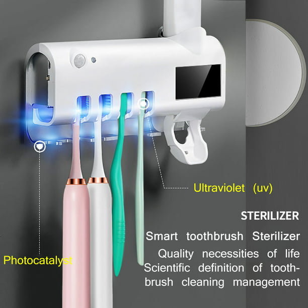 Dispensador de pasta de dientes montado en la pared y paquete de 2 soportes  para cepillos de dientes para baño, exprimidor automático de pasta de