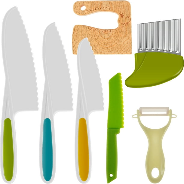 5 cuchillos para niños, cuchillos de cocina seguros para niños, juego de  cuchillos de cocina de plástico para niños con cortador arrugado, bordes