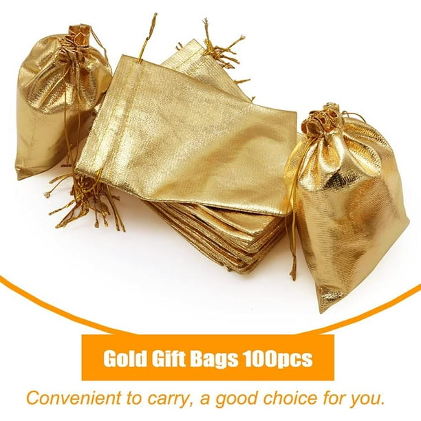 Bolsas de regalo grandes con cordón, 26 x 36 x 10 cm, oro