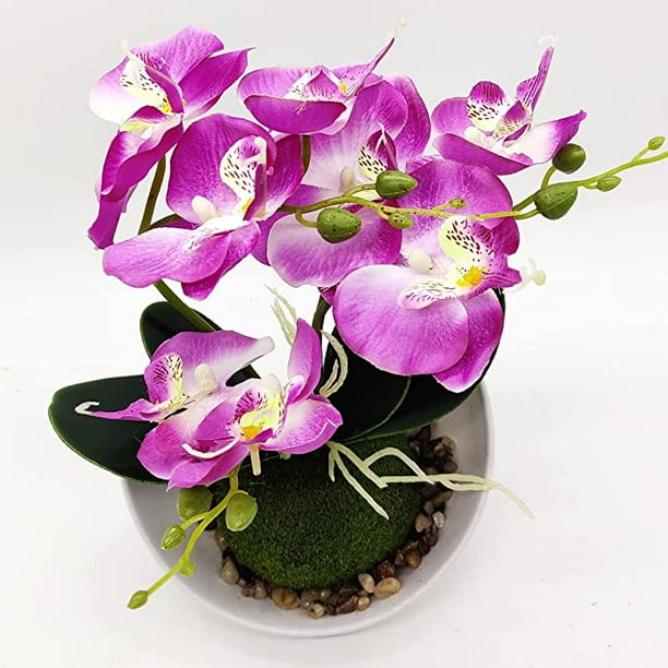 Flor falsa de plástico de orquídeas artificiales con maceta de cerámica,  flores artificiales de Phalaenopsis arreglo floral hermoso brillante