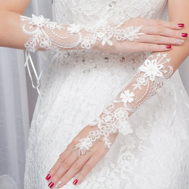 Guantes largos novia sin dedos Guantes florales encaje de marfil de tul con diamantes JAMW Sencillez | Walmart en línea