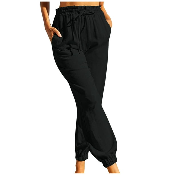 Pantalones de algodón y lino elásticos de color sólido informales a la moda  para mujer Pompotops ulkah939736