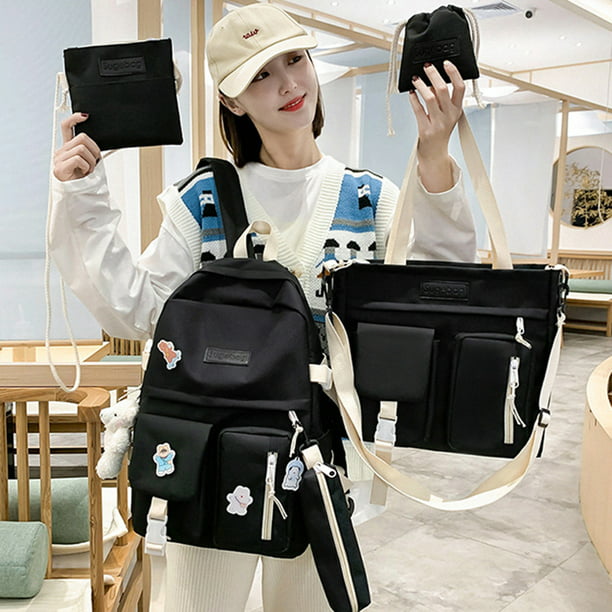 Mochila Mujer Bolso 5 unids/set mochila de mujer moda Casual mochilas  escolares lona para vacaciones (negro)
