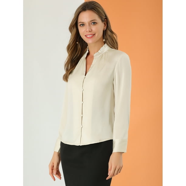 Blusa De Satén Con Cuello En V Para Mujer, Manga Larga, Con Botones, Para  Trabajo Y Oficina Azul Real XS Unique Bargains Camisa