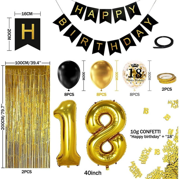 Liangnv Decoración de fiesta de cumpleaños número 18 en oro negro