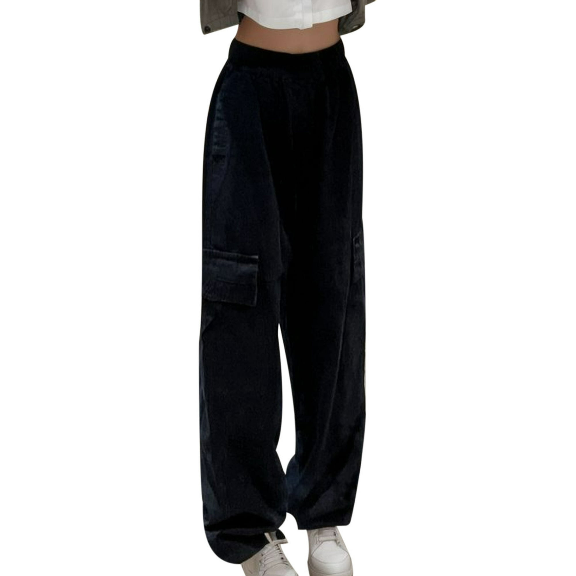 Gibobby pantalones termicos mujer Pantalones rectos de talle con pliegues  para mujer Pantalones de pierna ancha Pantalones sueltos casuales para mujer  (Negro, L)