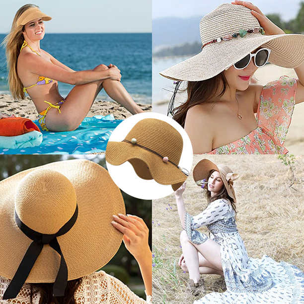boderier Sombrero de paja para mujer, sombrero de sol de playa, ganchillo  deshilachado, plegable, sombrero de paja para verano, sombreros de playa