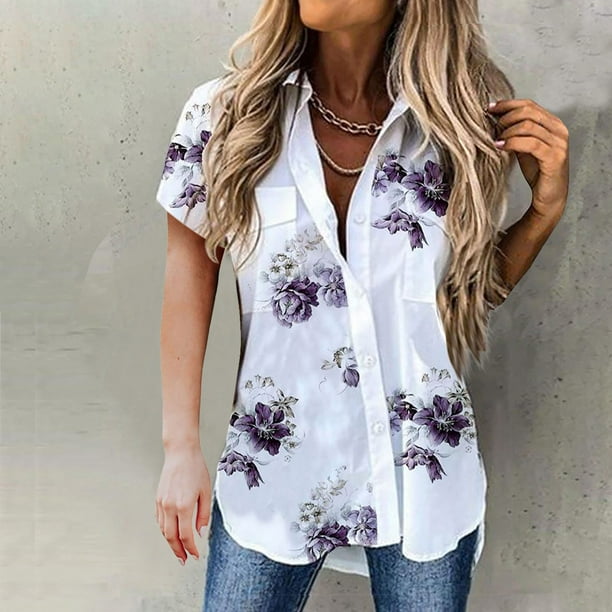 moda mujer impresión botón frontal cárdigan manga corta camisa tops abrigo Puntoco Puntoco-4634 Walmart en