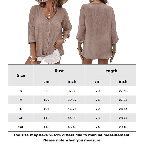 Camisa Superior Blusa de mujer Camisa suelta con cuello en V Camisas de  verano Blusa de manga larga Kuymtek Caqui Xxl para Mujer