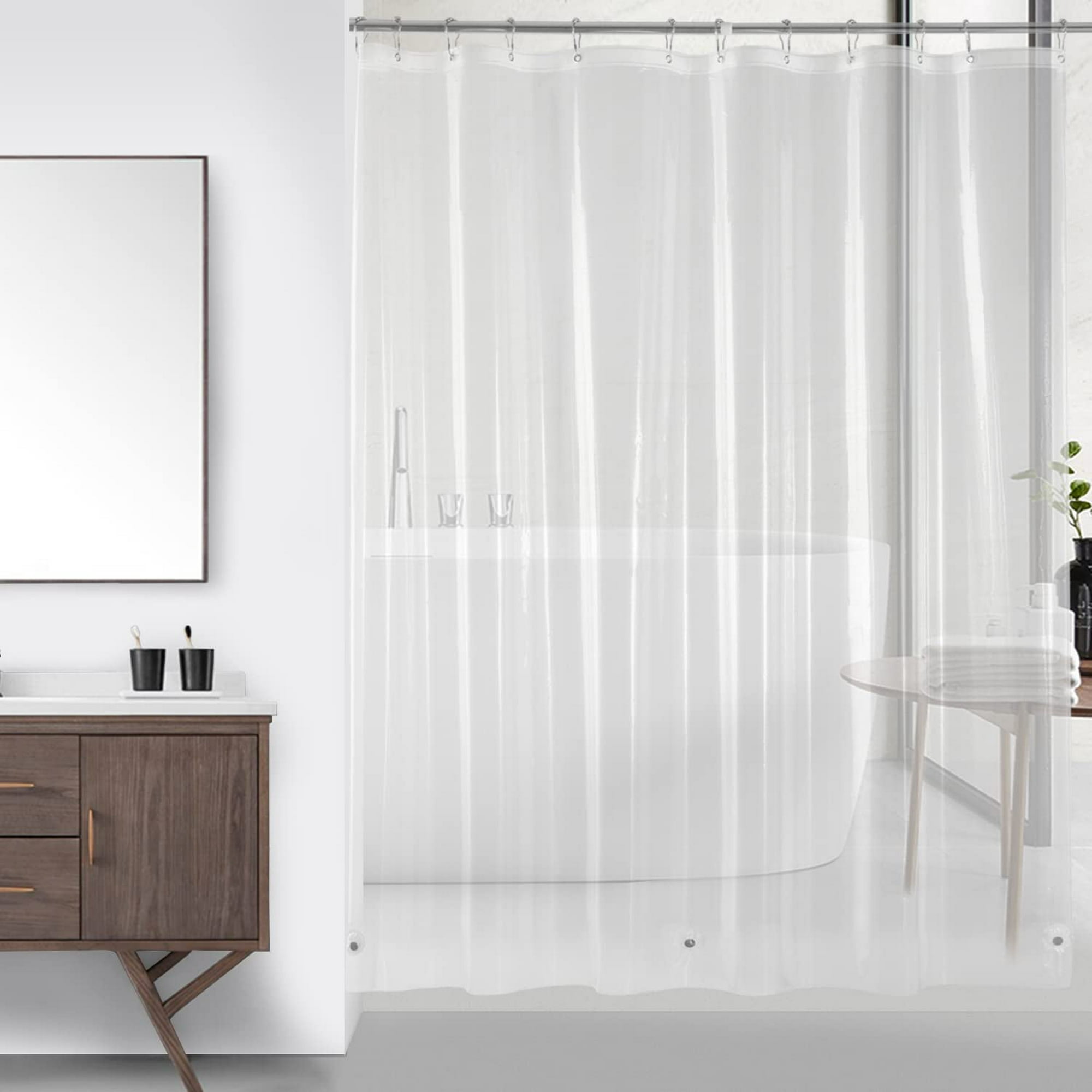 Cortina de ducha moderna minimalista blanca para baño, 71 x 71 pulgadas,  juego de cortinas de ducha de tela transparente con 12 ganchos