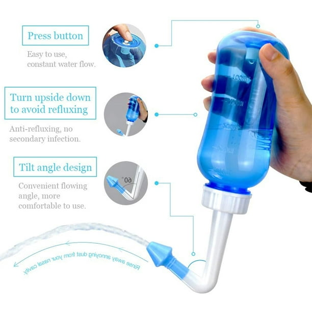 Neti Pot, kit de enjuague nasal limpiador de nariz, botella de enjuague  sinusal de 10.1 fl oz con 20 paquetes de sal de lavado nasal y 10 adhesivos  de