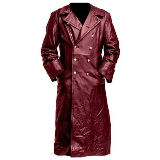  SCDZS Gabardina de cuero para hombre, estilo vintage,  cortavientos, color sólido, ajustado, chaqueta larga, talla S-5XL (color:  rojo, talla: código S) : Ropa, Zapatos y Joyería