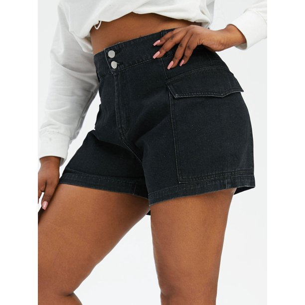 Shorts de Carga de Denim de Talla Extra con Bolsillos con Solapa Rosegal Pantalones cortos de talla grande