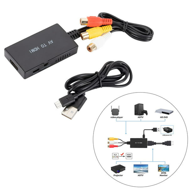 Convertidor RCA a HDMI, Adaptador compuesto AV a HDMI compatible con 1080P,  PAL / NTSC para proyector de monitor de TV, 2.8 x 1.6 x 0.5 pulgadas