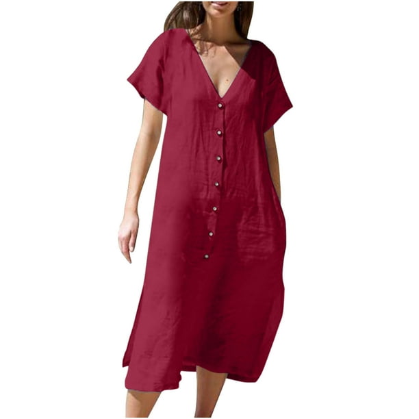 Vestido camisero de lino de color liso para mujer