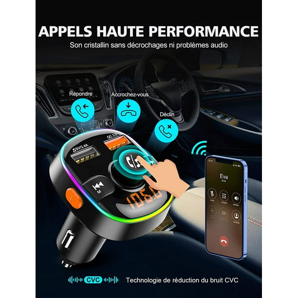 Coche Bluetooth, carga rápida QC3.0 Bluetooth 5.0 Transmisor FM con  retroiluminación LED de 7 colores y 2 puertos USB, adaptador Bluetooth para  coche Llamada manos libres y soporte Unidad flash USB y
