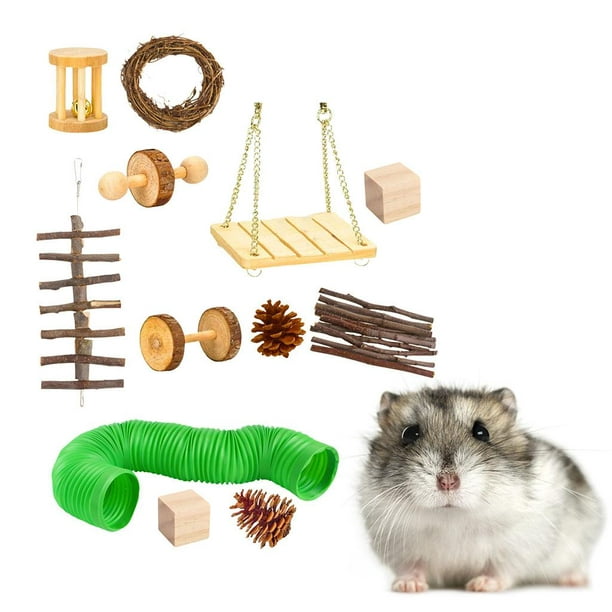 12 paquetes de juguetes Chinchil hámster, juguete para masticar conejo  ruedas de ejercicio, madera d Sunnimix Juguetes de conejillo de indias