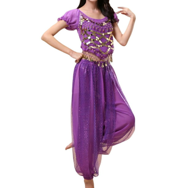  DXMRWJ Disfraces de danza del vientre para mujer, vestido de  rendimiento, brasier y falda, conjunto de 3 piezas para danza del vientre  (color morado, tamaño: código L) : Ropa, Zapatos y