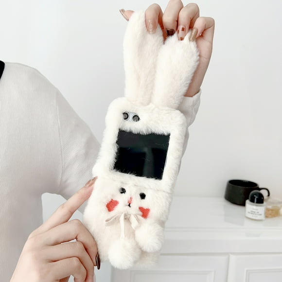 cute rabbit purple white plush mobile phone case suitable for samsung galaxy z flip4 flip3 5g and flip 5 case autumn and winter