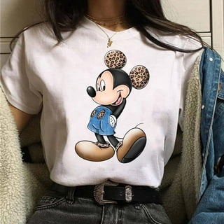 Disney Camisa de moda de Mickey Mouse para mujer, cuello redondo recortado  con estampado de manga