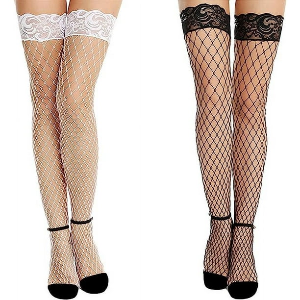 2 pares de medias de red (blancas y negras), medias de red de encaje, medias  elásticas para mujer, medias de red antideslizantes sexys, talla única JM