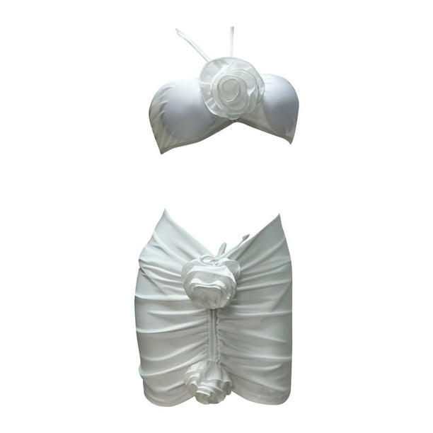 Gibobby Conjunto de bikini sexy Bikini de piezas para mujer Traje de baño dividido con flores en 3D(Blanco,G)