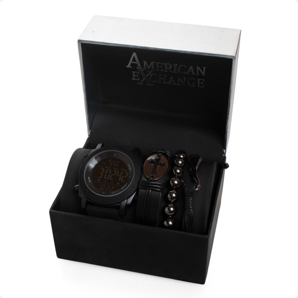 American Exchange Reloj analógico con movimiento de cuarzo para hombre,  color negro mate y pulsera apilable con bolsa con cremallera, Negro, mate