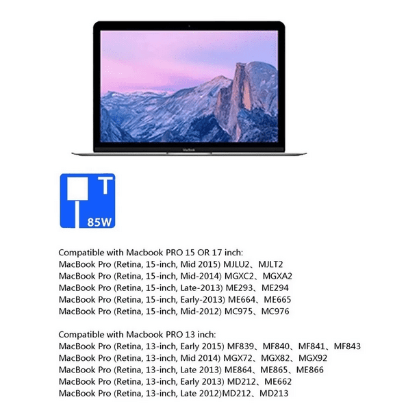 Cargador Mac Book Pro de 85 W 2015 2012 – Adaptador de corriente rápido  T-Tip para Mac Book Pro de 17 pulgadas, 15 pulgadas, 13 pulgadas, portátil