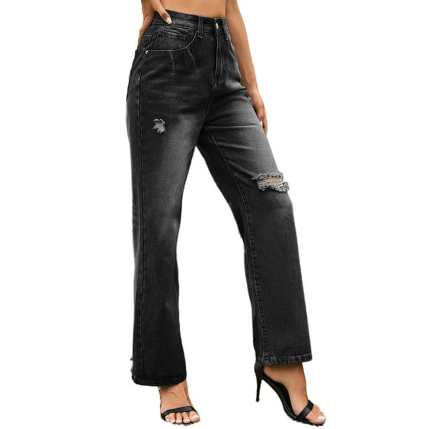 Gibobby Jeans mujer cintura alta Pantalones de pierna ancha delgados de cintura  Nuevos pantalones de piso sueltos de contraste Pantalones de  mezclilla(Negro,M)