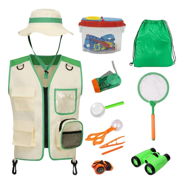 de explorador para niños, binoculares, chaleco de carga y sombrero, disfraz  de patio trasero, juego Hugo chaleco