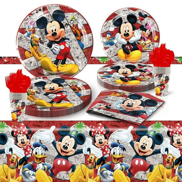 Fiesta temática de Mickey Mouse, fiesta de cumpleaños infantil, plato y  vaso de papel decorado con dibujos animados, toalla de papel, mantel,  vajilla desechable