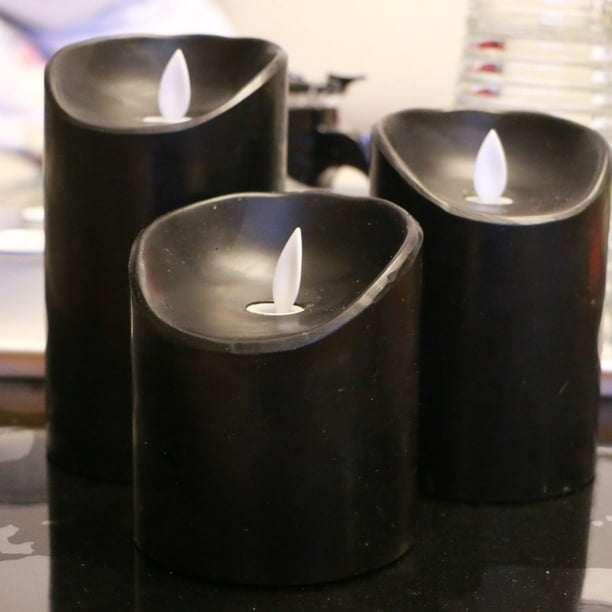 Velas negras sin llama con control remoto, funciona con pilas con mecha de  llama móvil parpadeante, vela de pilar LED, plana, uso para decoración