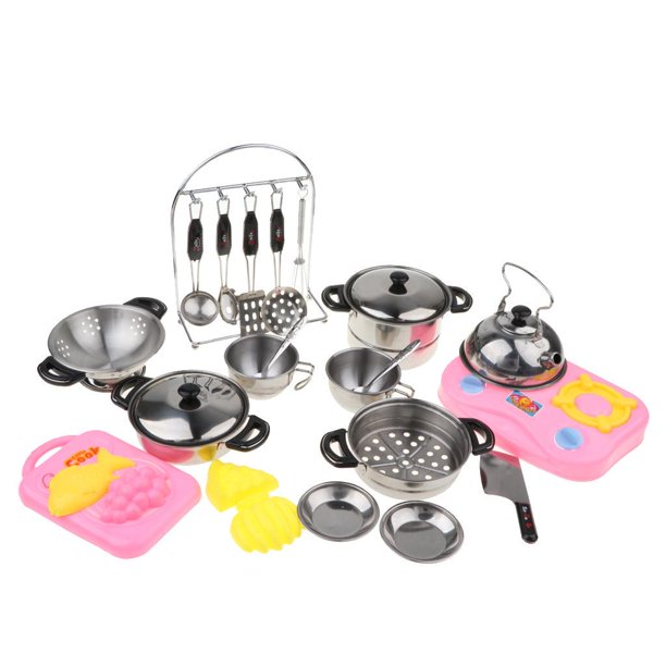 Juego de accesorios de cocina, juguetes de juego de simulación de cocina  para niños, juego de cocina con utensilios de cocina de acero inoxidable