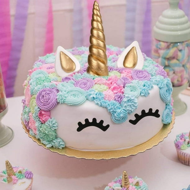  Decoración de pastel de unicornio para niñas, decoración de  cumpleaños de cuerno de unicornio dorado con pestañas, 5.8 pulgadas :  Comida Gourmet y Alimentos