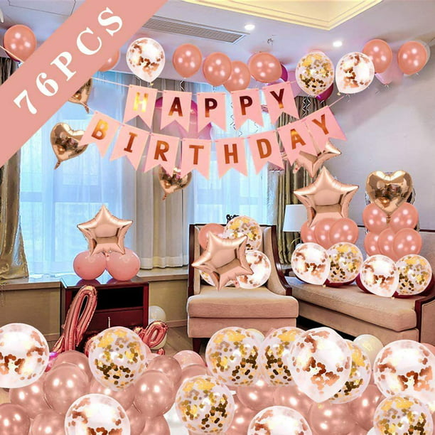 Decoraciones de fiesta de cumpleaños de oro rosa, cartel de feliz cumpleaños,  cortina con flecos de oro rosa, globos de confeti de papel de estrella de  corazón, remolinos colgantes para mujeres y