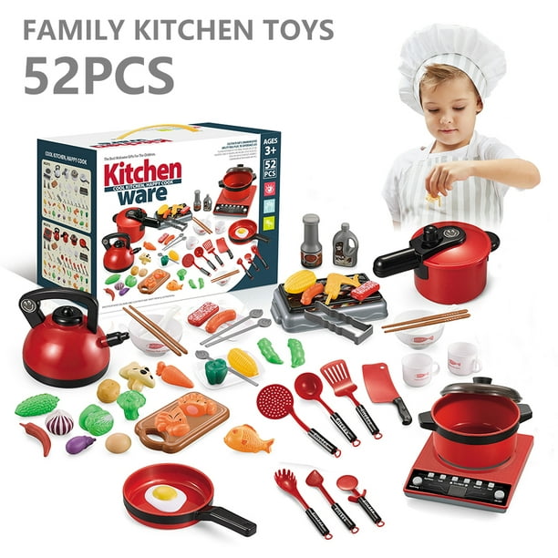 TAKIHON Juguetes de cocina de simulación, juguetes de cocina para niños con  ollas, sartenes, comida falsa, juego de accesorios de cocina para niños