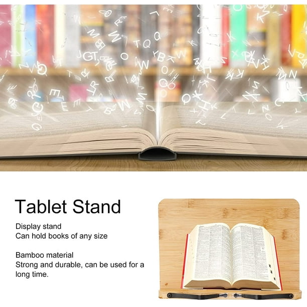 Soporte de libro para lectura, soporte de libro de bambú con soporte ligero  para libros de escritorio, soporte ajustable para computadora portátil