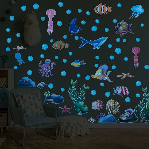 Pegatinas de pared con tema marino que brillan en la oscuridad, pegatinas  fluorescentes con tema oceánico, peces luminosos, tortugas, medusas,  decorativas