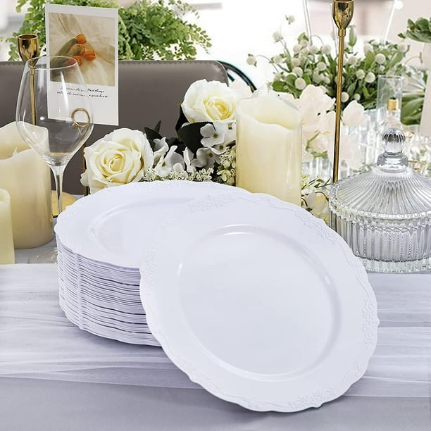 Platos llanos blancos 162 piezas – Platos desechables para fiestas – Platos  de plástico resistentes para recepción de boda – Platos de boda de diseño